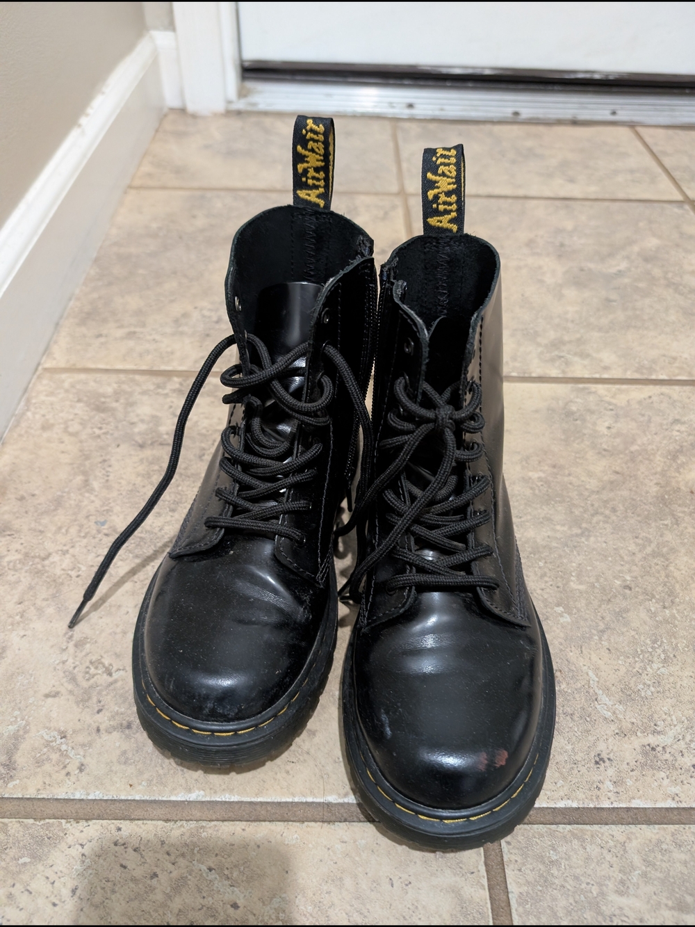 Dr. Martens Black Leather Lace-Up Ankle Boots with Yellow Stitching